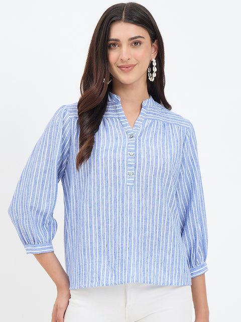 Madame Blue Striped Mandarin Top