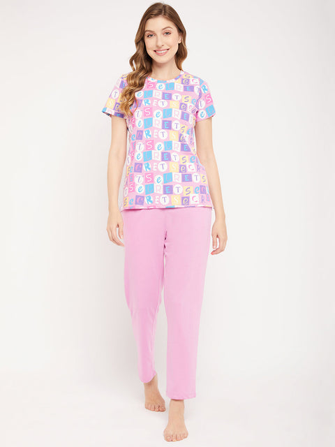 mSECRET Lavender Typography Cotton Nightsuit