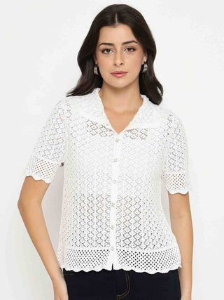 Madame Scalloped Hem White Knitted Polo Top