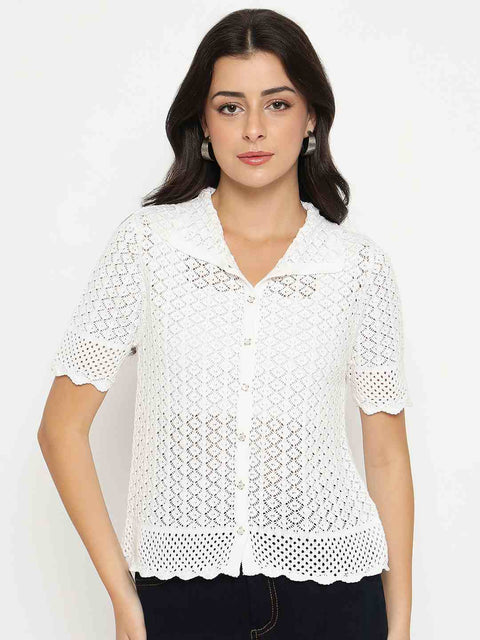 Madame Scalloped Hem White Knitted Polo Top