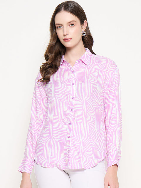 Madame Abstract Print Shirt Collar Purple Shirt
