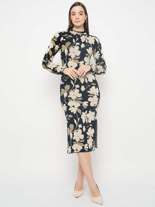 Madame Floral Print Black Knitted Midi Dress