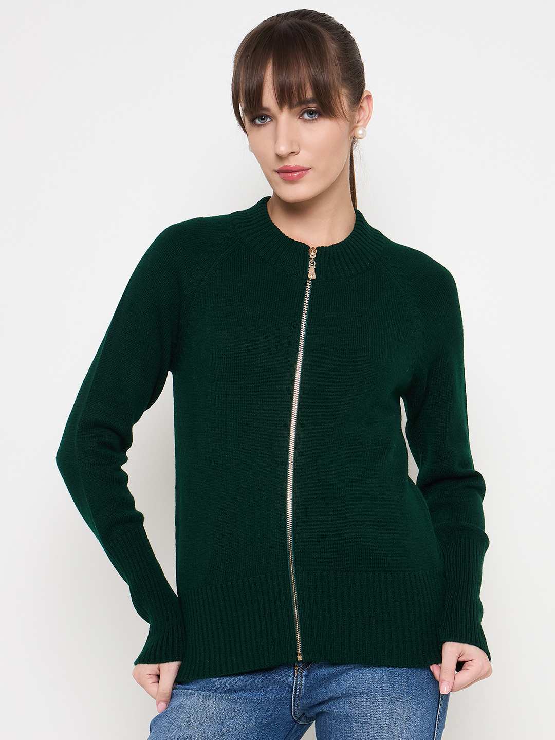 Madame Acrylic Blend Zipped Bottle Green Sweater color swatch