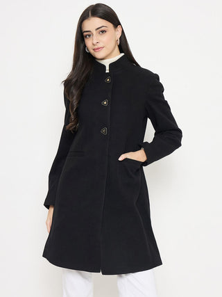 Madame Button Up Solid Black Long Coat