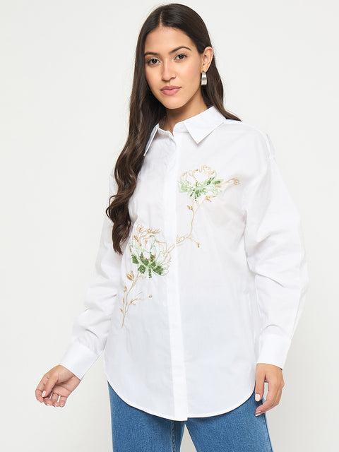 Madame Floral Embroidery White Cotton Shirt