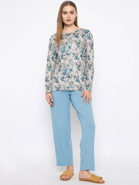 mSECRET Printed Top and Bottoms Teal Nightsuit