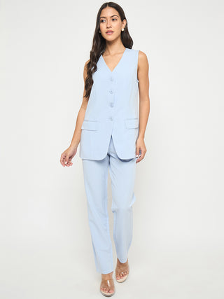 Madame Solid Sleeveless Top and Bottoms Blue Co-ord Set