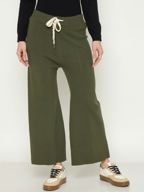 Madame Olive Green Wide Leg Wool Trousers