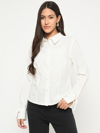 Madame Tie-Cuff Detail Striped White Cotton Shirt