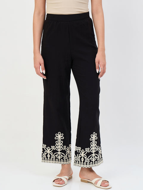 Madame Black Embroidered Cotton-Blend Trousers