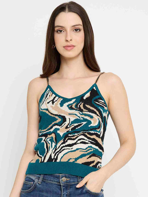 Madame Abstract Print Teal Cami Crop Sweater
