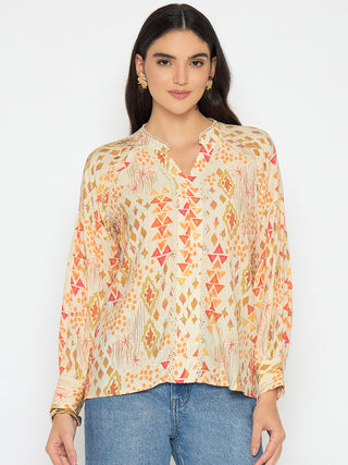 Madame All Over Print Beige Rayon Blend Top