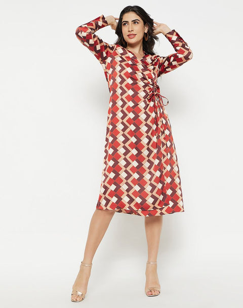 Madame Geometric Print Side Ruched Rosewood Midi Dress