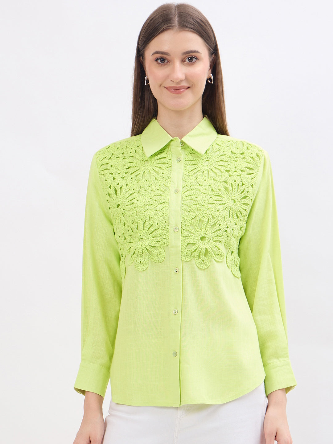 Madame Embroidery Patchwork Pear Green Viscose Shirt color swatch