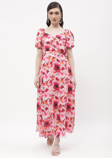 Madame Sweetheart Neck Hot Pink Floral Maxi Dress