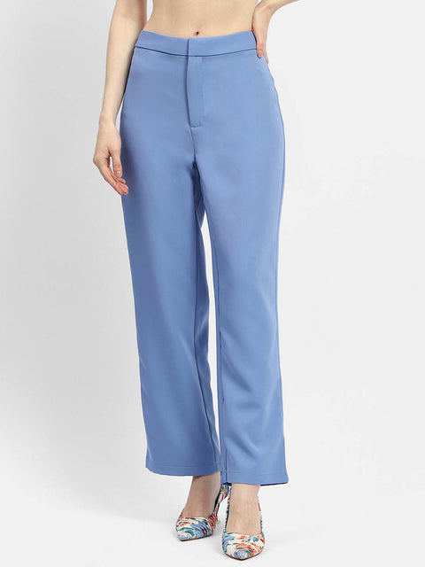 Madame Solid Blue Straight Fit Trousers
