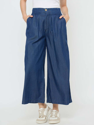 Madame Pintuck Detailed Cotton Blend Mid Blue Wide Leg Jeans