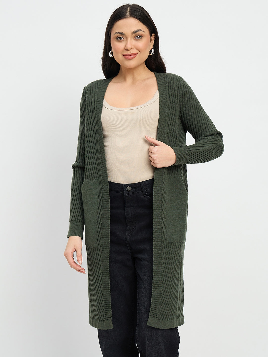 Madame Olive Green Knit Long Shrug color swatch