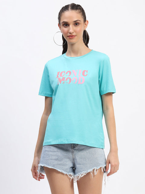 Madame Typography Detailing Cotton Aqua Top