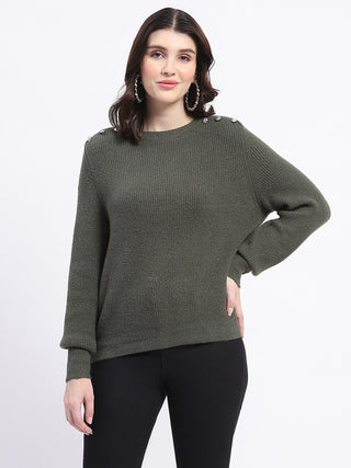 Madame Button Detailed Solid Olive Knitted Sweater