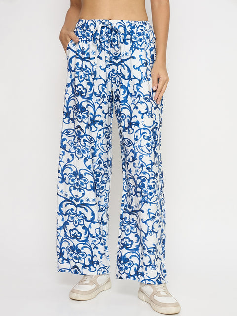 Madame Abstract Print Blue Rayon Palazzo Trousers