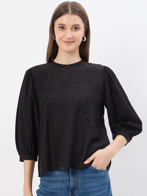 Madame Embroidery Black Rayon Blend Top