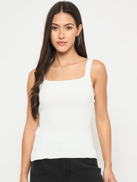 Madame Ribbed Sleeveless White Knitted Top