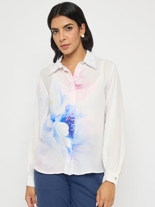 Madame Floral Print Contrast Stiched Collar Off White Shirt