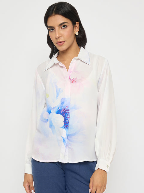 Madame Floral Print Contrast Stiched Collar Off White Shirt