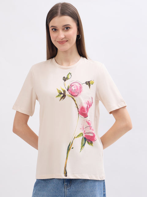Madame Printed Beige Cotton T-Shirt
