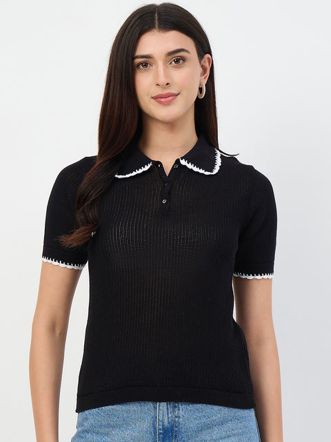 Madame Black Contrast Trim Cotton Polo T-Shirt