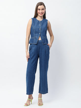 Madame Pintuck Detailed Top and Straight Trousers Mid Blue Co-ord Set