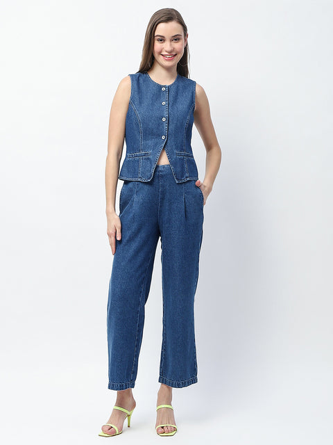 Madame Pintuck Detailed Top and Straight Trousers Mid Blue Co-ord Set
