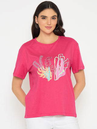 Madame Embroidered Hot Pink Cotton T-shirt