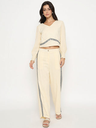 Madame Embroidered Top and Bottom Textured Beige Co-ord Set