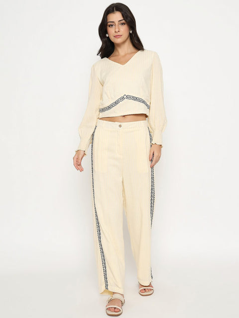 Madame Embroidered Top and Bottom Textured Beige Co-ord Set