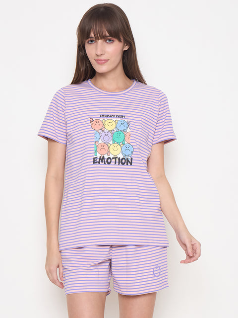 mSECRET Printed Top, Shorts and Bottoms Purple Night Suit