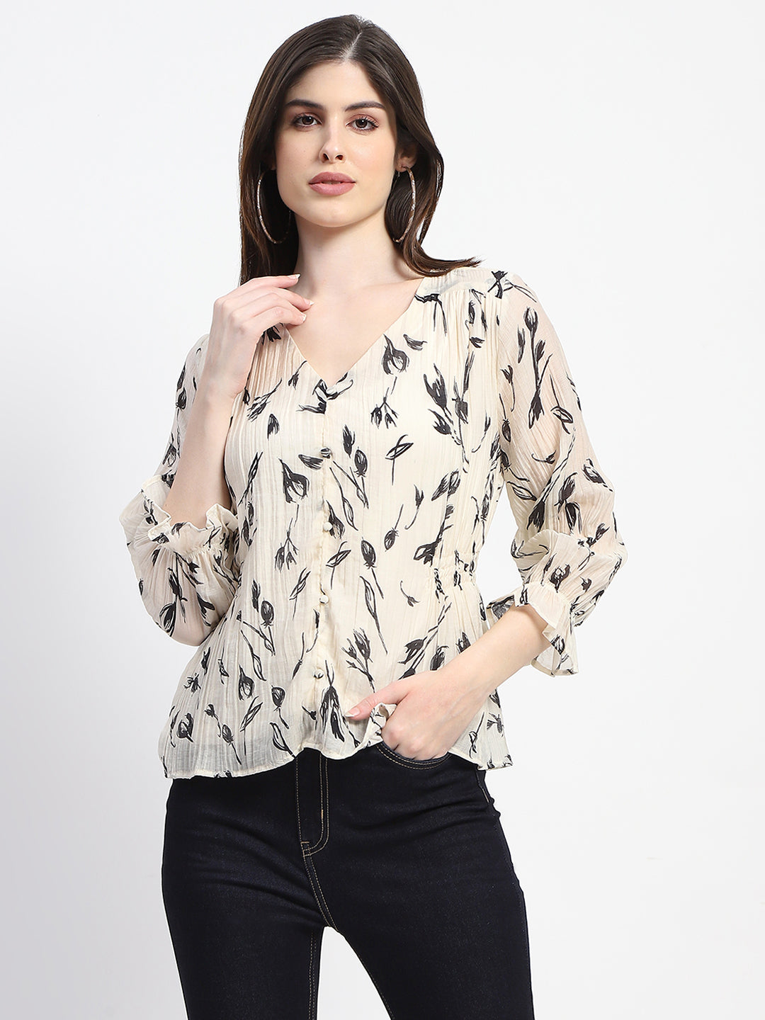 Madame Abstract Print V- Neck Black Top color swatch