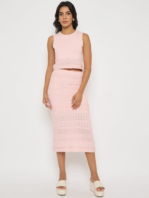 Madame Schiffli Top and Skirt Pink Cotton Knit Co-ord Set