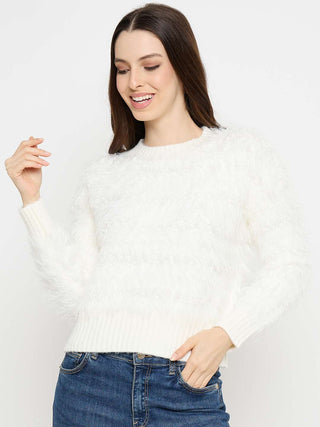 Madame Faux Fur Textured Pullover Off White Sweater