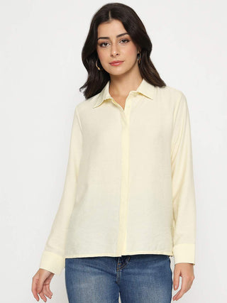 Madame Textured Solid Cream Rayon Blend Shirt