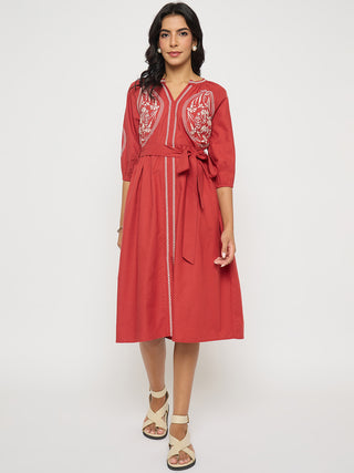 Madame Embroidered Belted A Line Midi Coral Dress