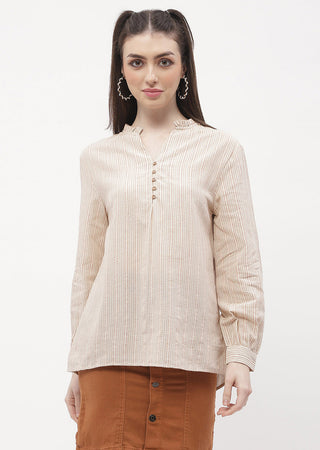 Madame Ruffle Mandarin Collar Beige Striped Top