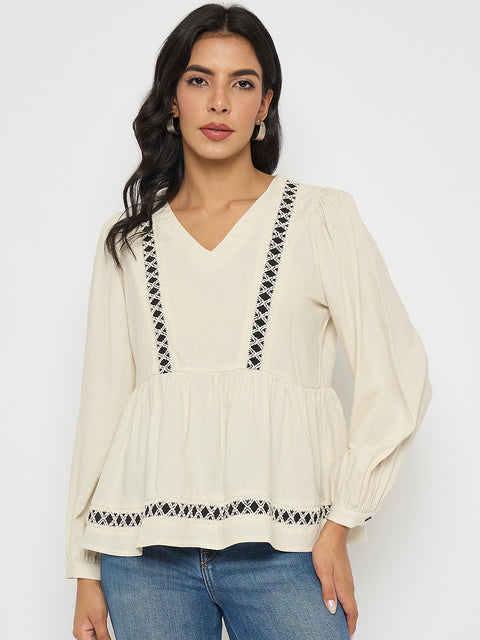 Madame Geometric Pattern Embroidery Rayon Blend Off White Top
