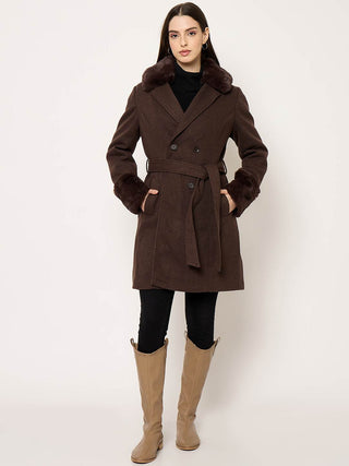 Madame Notch Lapel Neckline Brown Belted Long Coat