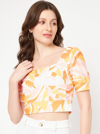 Madame Marble Print Square Neck Tangerine Orange Crop Top