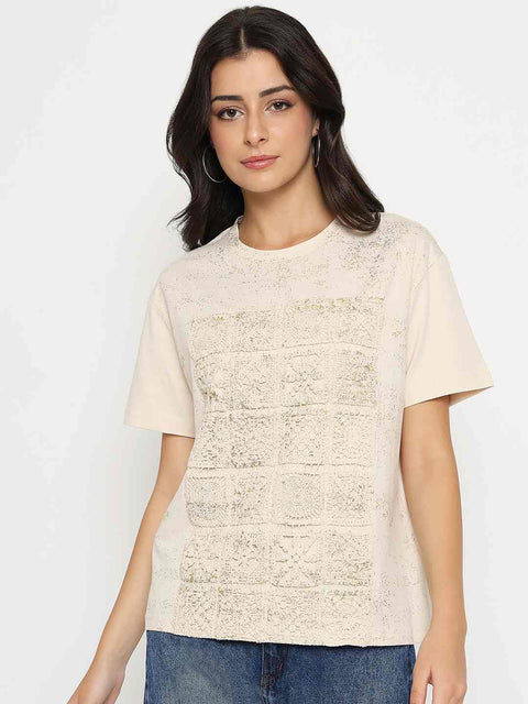 Madame Dori Embroidery Cotton Blend Beige T-shirt