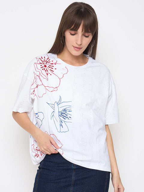 Madame Printed Handwork Detail White Sinker T-shirt