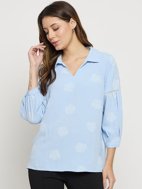 Madame Blue Printed Collar Puff Sleeve Top