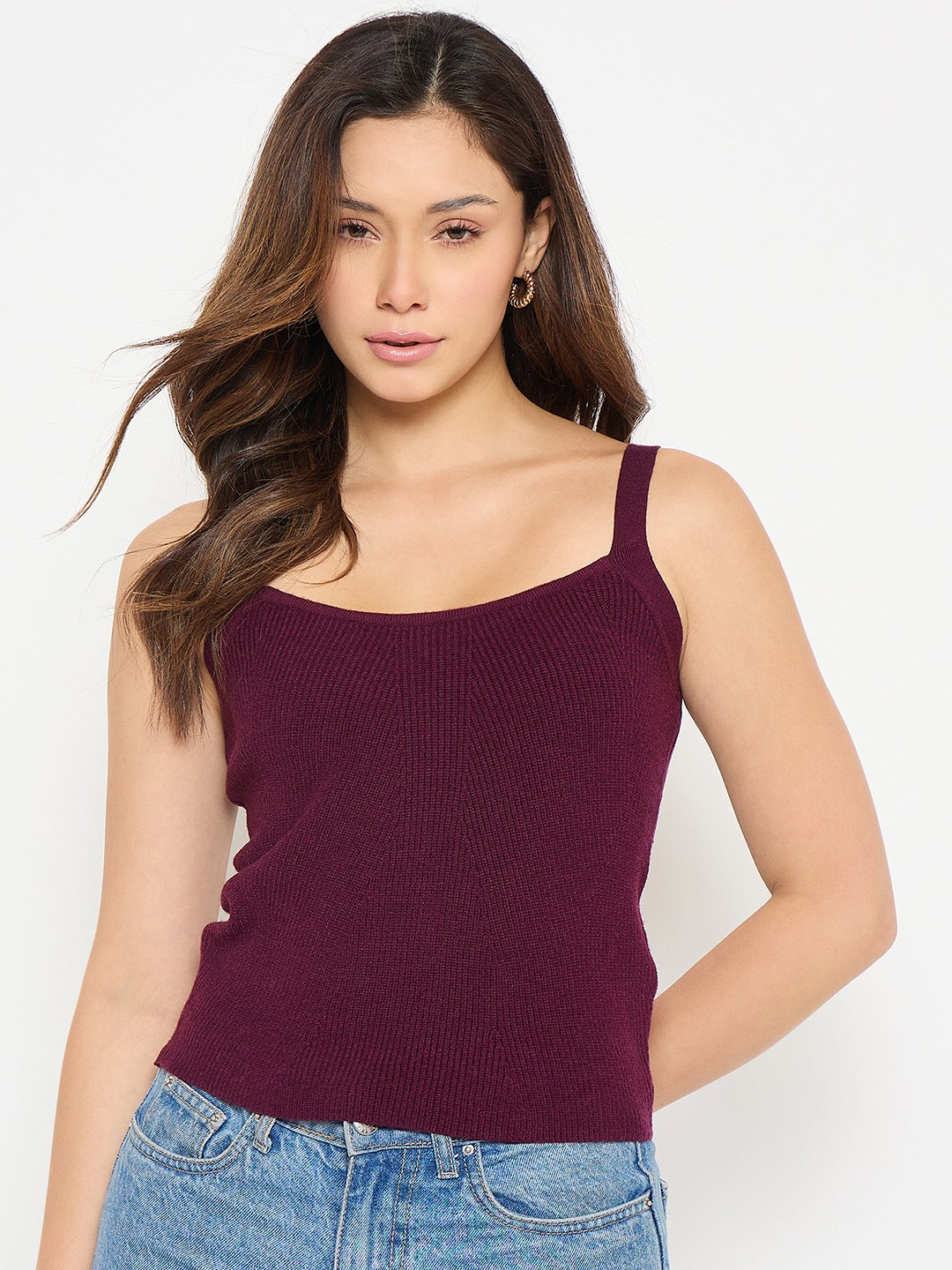 Madame Camisole Neck Wine Knit Crop Top color swatch
